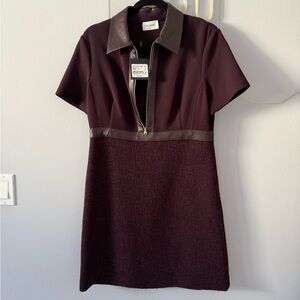 St. John  Burgundy Mini Dress with Leather Trim